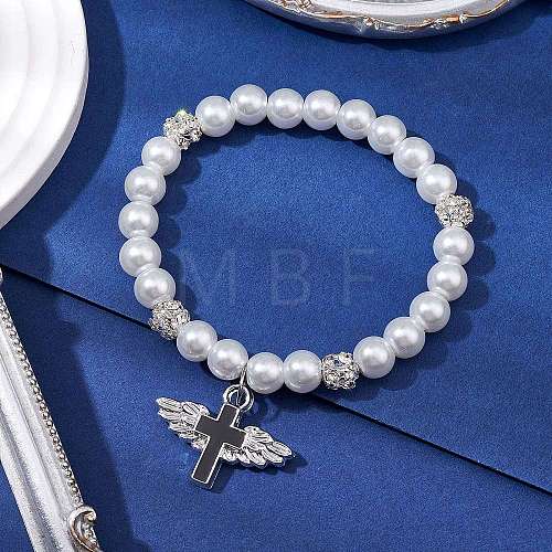 Brass and Glass Pearl Beads Stretch Bracelets for Women BJEW-JB11381-02-1