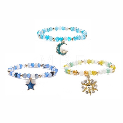 3Pcs 3 Style Moon & Sun & Star Alloy Enamel Charm Stretch Bracelets Set with Glass for Women BJEW-JB08007-1