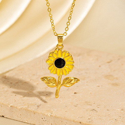 Brass Enamel Sunflower Pendant Necklaces for Women WGCF164-04-1
