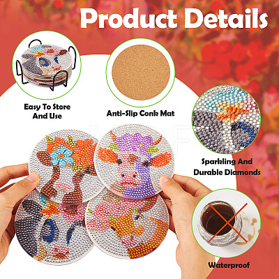 DIY Cattle & Flower Pattern Coaster Diamond Painting Kits DIY-TAC0016-53-1