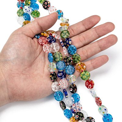 Flat Round Handmade Millefiori Glass Beads Strands LK-R004-63-1