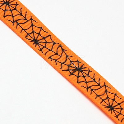 Halloween Ornaments Spider Web Pattern Printed Grosgrain Ribbons SRIB-L005-9mm-03-1