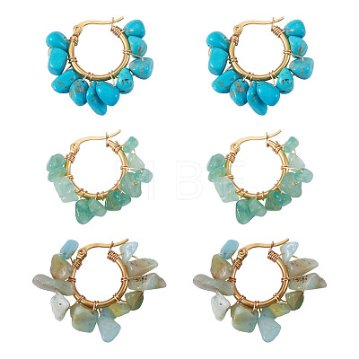 3 Pairs 3 Styles Natural Gemstone Chips Braided Hoop Earrings EJEW-TADJ00004-1