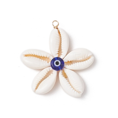 Natural Cowrie Shell with Handmade Blue Evil Eye Lampwork Pendants PALLOY-TA00274-1
