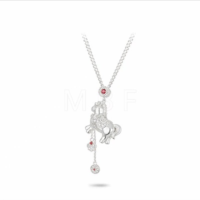 Brass Pave Clear & Red Cubic Zirconia Lucky Horse Pendant Coin Tassel Necklaces for Women WGC918A-01-1