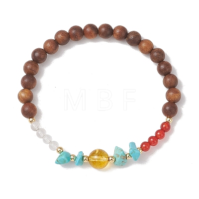 Wood & Natural Quartz Crystal & Carnelian & Synthetic Turquoise Beaded Stretch Bracelets for Women BJEW-TA00730-1