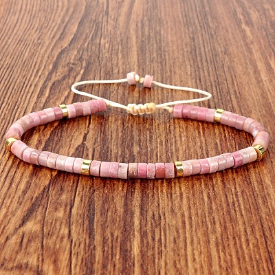 Natural Rhodonite Heishi Beads Adjustable Braided Bracelets for Men Women BX7041-18-1