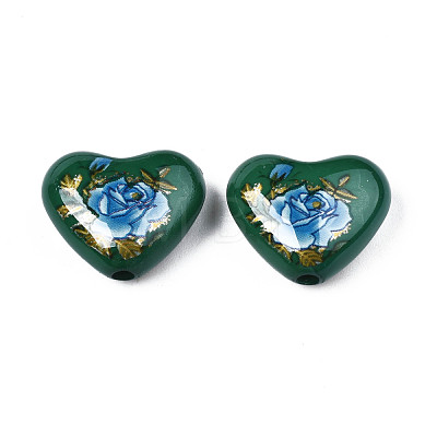 Flower Printed Opaque Acrylic Heart Beads SACR-S305-28-N02-1