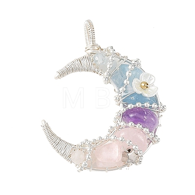 Natural Rose Quartz & Aquamarine & Lavender Amethyst Chip Wire Wrapped Pendants PALLOY-TA00438-1
