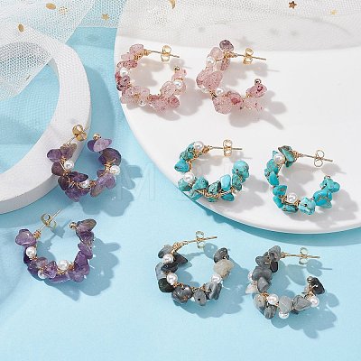 4 Pairs 4 Style Natural & Synthetic Mixed Gemstone Chips Beaded Ring Stud Earrings EJEW-TA00285-1