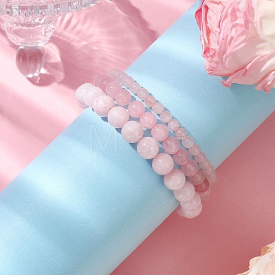 3Pcs Round Natural Rose Quartz Beads Stretch Bracelets BJEW-JB10963-1