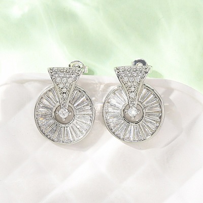 Flat Round Brass Micro Pave Clear Cubic Zirconia Stud Earrings EJEW-D351-11P-1