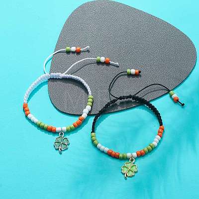 2Pcs 2 Color Alloy Enamel Clover Charm Bracelets Set BJEW-JB08795-1