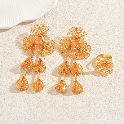 Iron Hollow Flower Earring & Cuff Rings Sets for Women Engagement Wedding Party Accessories AS0088-1