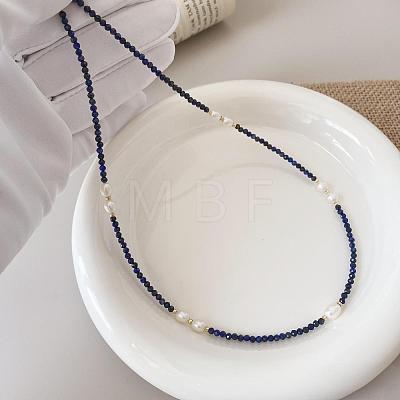 Elegant Natural Freshwater Pearl Rice & Natural Lapis Lazuli Faceted Round Beaded Necklaces for Women HF8817-1