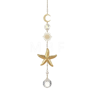 304 Stainless Steel Starfish & Round Glass Hanging Suncatchers HJEW-JM05037-1