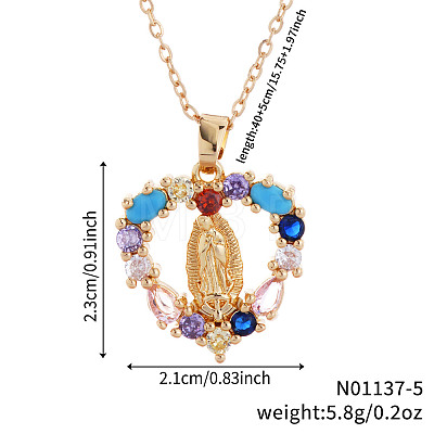 Vintage Brass Cubic Zirconia Religious Virgin Mary Heart Hollow Pendant Necklaces AB7554-1-1