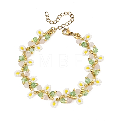 3Pcs 3 Colors Flower Seed Bead Beaded Bracelet Sets with Cherry Quartz Glass & Natural Rose Quartz & Carnelian for Women BJEW-MZ00350-1