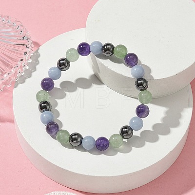 Synthetic Non-Magnetic Hematite & Natural Green Aventurine & Natural Amethyst & Natural Ang Round Beaded Stretch Bracelets BJEW-JB10910-08-1