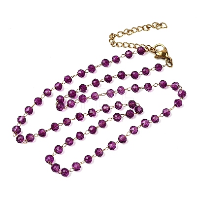 304 Stainless Steel with Glass Faceted Rondelle Bead Handmade Link Chain Birth Stone Necklaces for Women NJEW-G195-01G-03-1