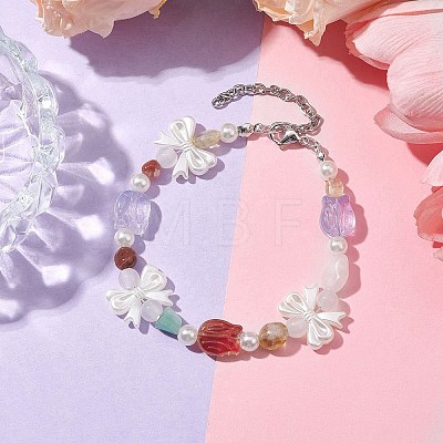 Natural Gemstone & Plastic Pearl Beaded Bracelets BJEW-JB10362-1