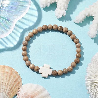 6mm Round Wood Beaded Stretch Bracelets BJEW-JB10312-02-1