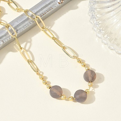 Natural Grey Agate Faceted Flat Round Beaded Brass Paperclip Chain Bracelets GG-CBA37F5-02G-05-1