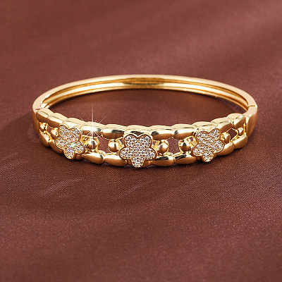 Brass Micro Pave Clear Cubic Zirconia Flower Open Hinged Cuff Bangles for Women WG289CD-01-1