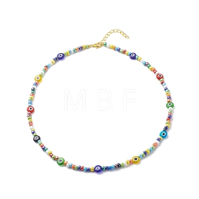 Lampwork Evil Eye & Glass Seed Beaded Necklace Stretch Bracelet SJEW-JS01246-1