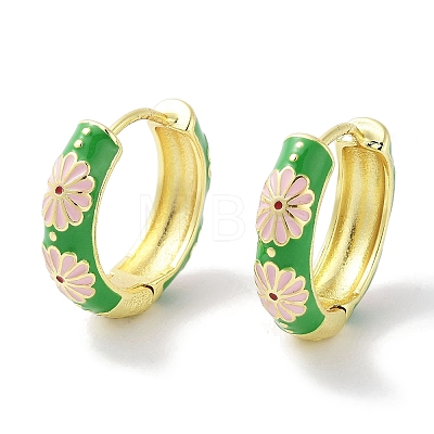 Real 18K Gold Plated Brass Enamel Flower Print Hoop Earrings for Women EJEW-L269-119G-1