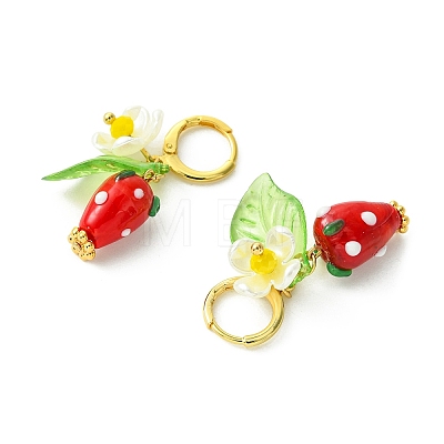 Lampwork Strawberry with Plastic Pearl Flower Dangle Leverback Earring EJEW-TA00130-1