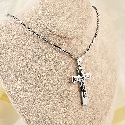 304 Stainless Steel Clear Cubic Zirconia Religion Cross Pendant Box Chain Necklaces for Men NJEW-S387-06P-1