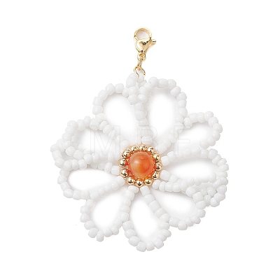 Flower Natural Carnelian & Glass Seed Beads Pendant Decorations HJEW-TA00243-1