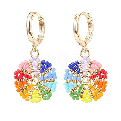 Rainbow Color Japanese Seed Braided Flower Dangle Hoop Earrings EJEW-MZ00003-1