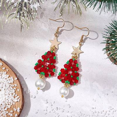 Glass Seed & Glass Pearl Beads Tree Dangle Earrings EJEW-MZ00276-01-1