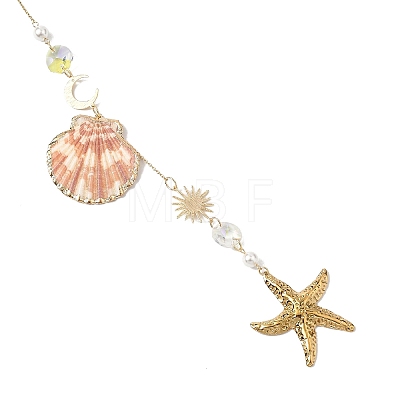 Electroplate Sea Shell & Glass & Stainless Steel Pendants Starfish Shell Hanging Suncatchers HJEW-JM04561-1