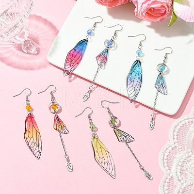 4 Set 4 Color Resin Wing with Feather Asymmetrical Earrings EJEW-TA00175-1