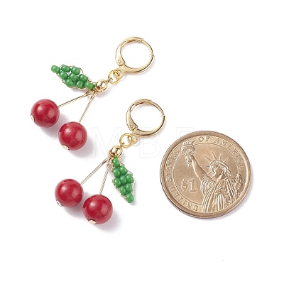 Natural Mashan Jade & Glass Seed Beaded Cherry Dangle Leverback Earrings EJEW-TA00066-1