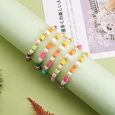 5Pcs 5 Colors Polymer Clay Heishi Beaded Stretch Bracelets Sets BJEW-SZ0001-55-1