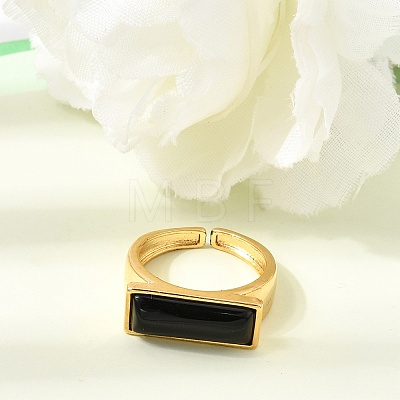 Brass with Natural Black Agate Cuff Open Rings for Women GG-CBA0B5A-04G-09-1
