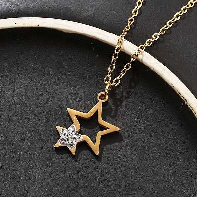 304 Stainless Steel Crystal Rhinestone Double Star Pendant Cable Chain Necklaces NJEW-Z056-02A-G-1