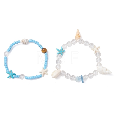 2Pcs Glass Seed and Natural Sea Shell & Aquamarine Stretch & Synthetical Turquoise Beads Bracelets for Women BJEW-TA00708-1