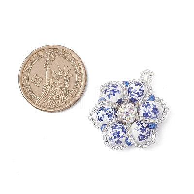 Handmade Blue and White Floral Printed Porcelain Bead Flower Pendants PALLOY-MZ01189-1