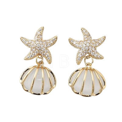 Shell Shape Brass Clear Cubic Zirconia Stud Earrings EJEW-D301-02G-1