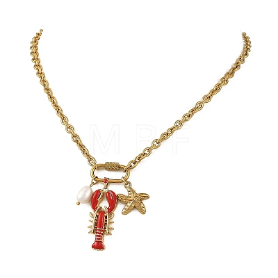 Ocean Brass Enamel Red Lobster Pendants 304 Stainless Steel Cable Chain Necklaces for Women NJEW-JN06483-01-1