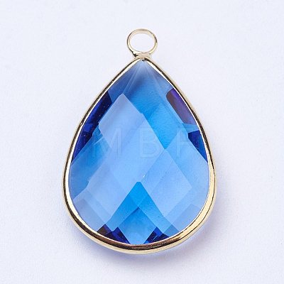 Golden Tone Brass Glass Teardrop Pendants X-GLAA-M006-A-21G-1