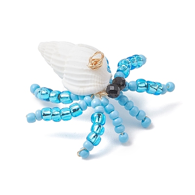 Faceted Round Natural Black Spinel & Natural Trumpet Shell & Glass Seed Beaded Crab Pendants PALLOY-MZ01177-03-1