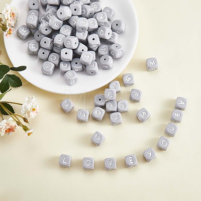 20Pcs Grey Cube Letter Silicone Beads 12x12x12mm Square Dice Alphabet Beads with 2mm Hole Spacer Loose Letter Beads for Bracelet Necklace Jewelry Making JX436B-1