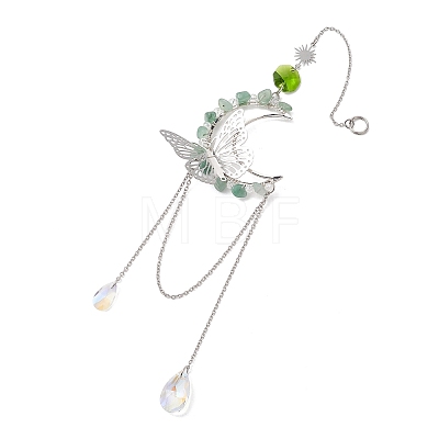 Natural Green Aventurine Chips & Brass Moon & 304 Stainless Steel Butterfly Suncatcher HJEW-TA00449-01-1