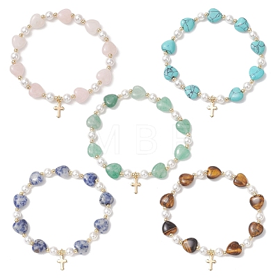 Natural & Synthetic Gemstone Heart & Shell Pearl Beads Stretch Bracelets BJEW-JB13413-1